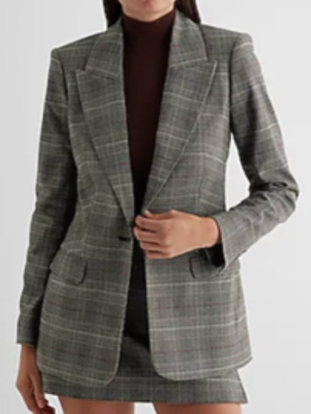 Express Black Burgundy Plaid Equestrian Notch Collar Stretch Blazer